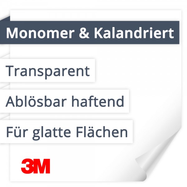 Folieneigenschaften: Monomer & kalandriert | Transparent | Ablösbar haftend | Für glatte Flächen