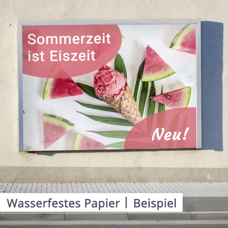 Haben Sie ein Produkt zu bewerben? Dann sind Sie bei dem wasserfesten Papier genau richtig! Individuell in Größe kalkulieren...