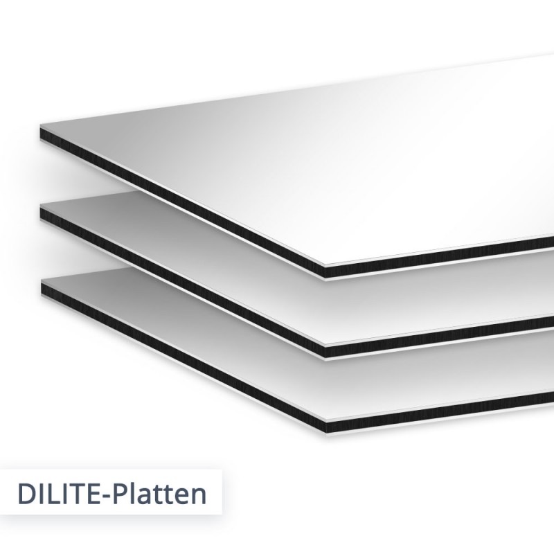 DILITE Alu Verbundplatten können mit abgerundeten Ecken und in anderen individuellen Formen konturgefräst werden. 