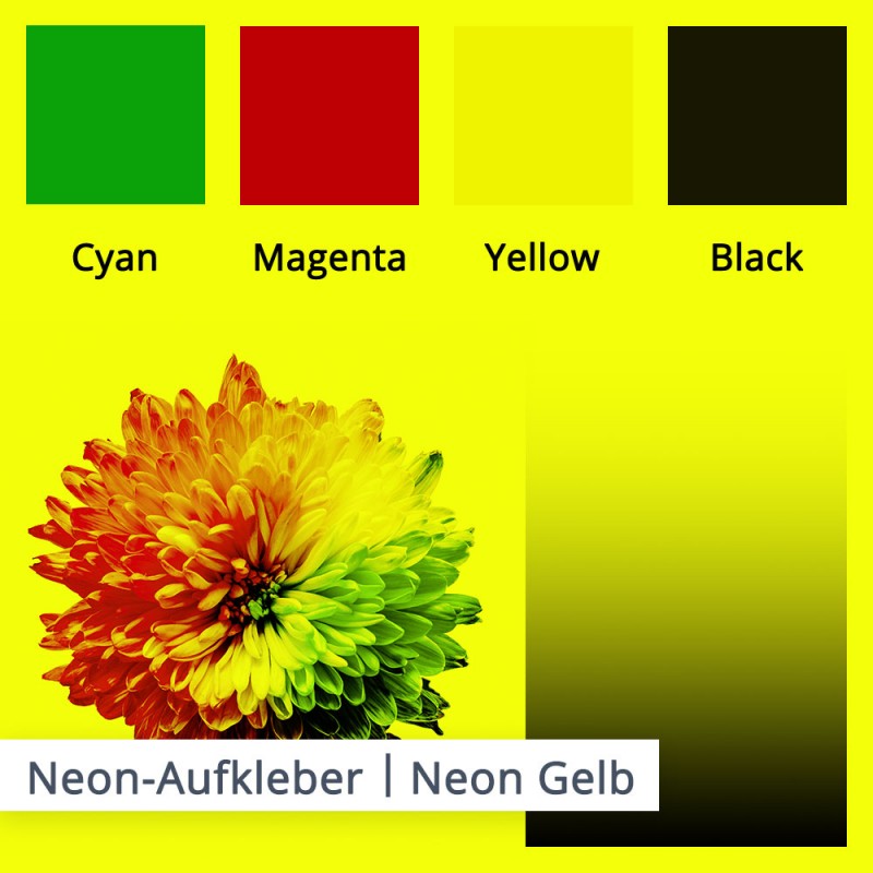 Bei diesem Beispiel sehen Sie die Farben auf einem neon gelben Untergrund.