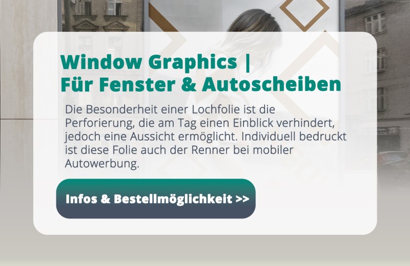 Window Graphics, oder auch Lochfolie genannt, ist ein beliebtes Werbemittel, welches aber auch Privat einen individuellen Sichtschutz bietet.