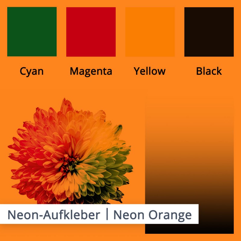 Sollten Sie einen Aufkleber in neon orange wünschen ist zu beachten, das besonders helle Farben mit dem leuchtenden Untergrund verschmelzen.