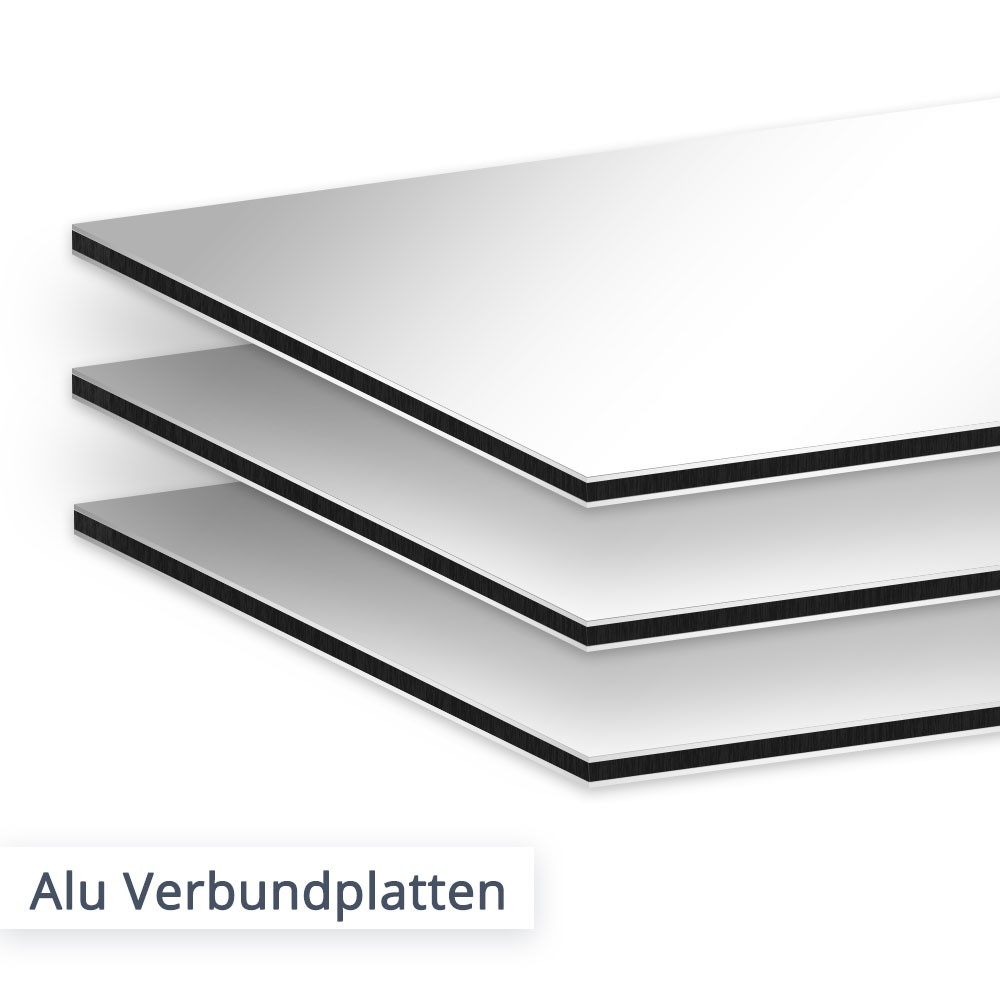 Plattenzuschnitte aus Aluminium Verbund – wählen Sie aus DILITE oder DIBOND. Der Material Unterschied ist gering, während Sie preislich bei der DILITE Platte sparen können.