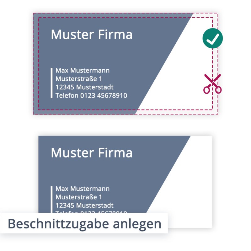 Die Beshnittzugabe ist ein essenzieller Bestandteil einer Druckdatei. Der zusätzliche Rand, sollte in der Enddatei ungefähr so aussehen.