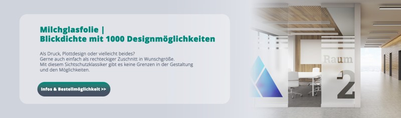 Milchglasfolie kann bei uns mit Druck oder in Form geschnitten bestellt werden. Somit ergeben Sie tausend Möglichkeiten der individuellen Gestaltung für den Sichtschutz.