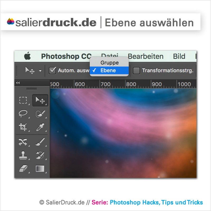 Das Photoshop Auswahl Werkzeug dient auch der automatischen Auswahl von Ebenen und Gruppen