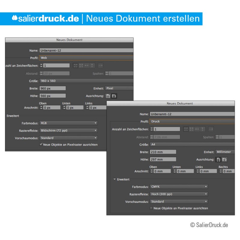 Neues Dokument erstellen | Mit und ohne Pixelraster.