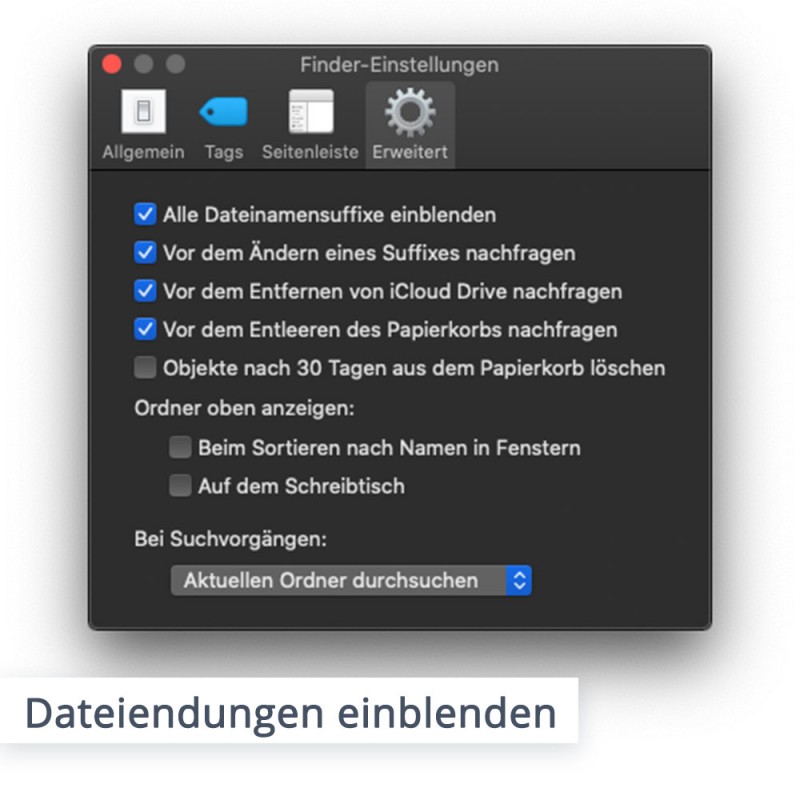 Das Dateiformat wird Ihnen nicht angezeigt? So können Sie auf Apple Geräten den sogenannten Suffix einblenden.