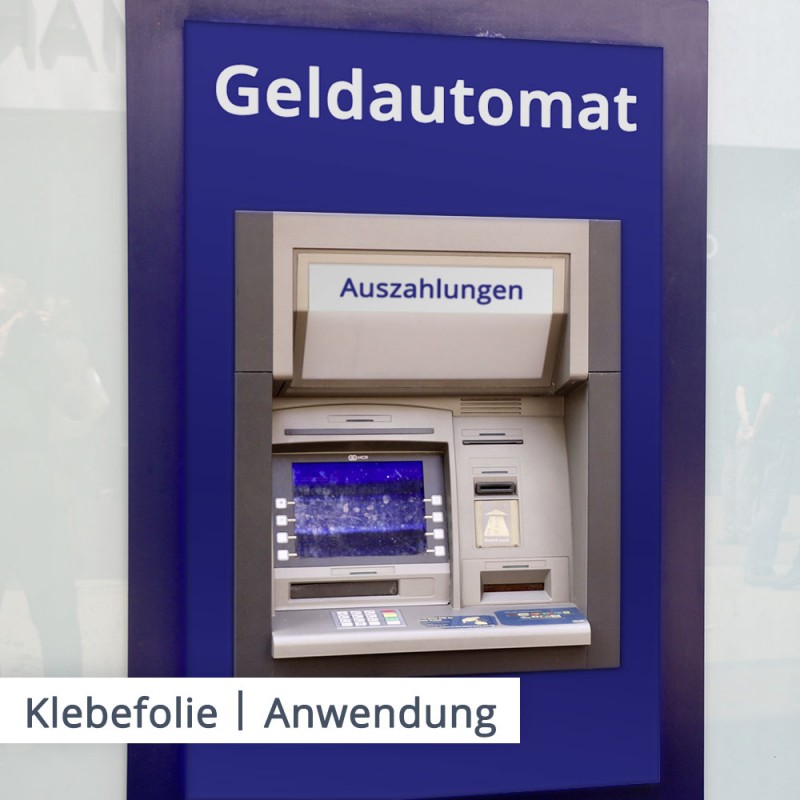 Unterbewusst leitet uns die passende Klebefolie auch zu dem richtigen Automaten. Die Farbe oder die Information 'Geldautomat' oder 'Kontoauszüge' zeigt gleich auf dem ersten Blick, wo Ihr Kunden den nächsten Automaten findet.