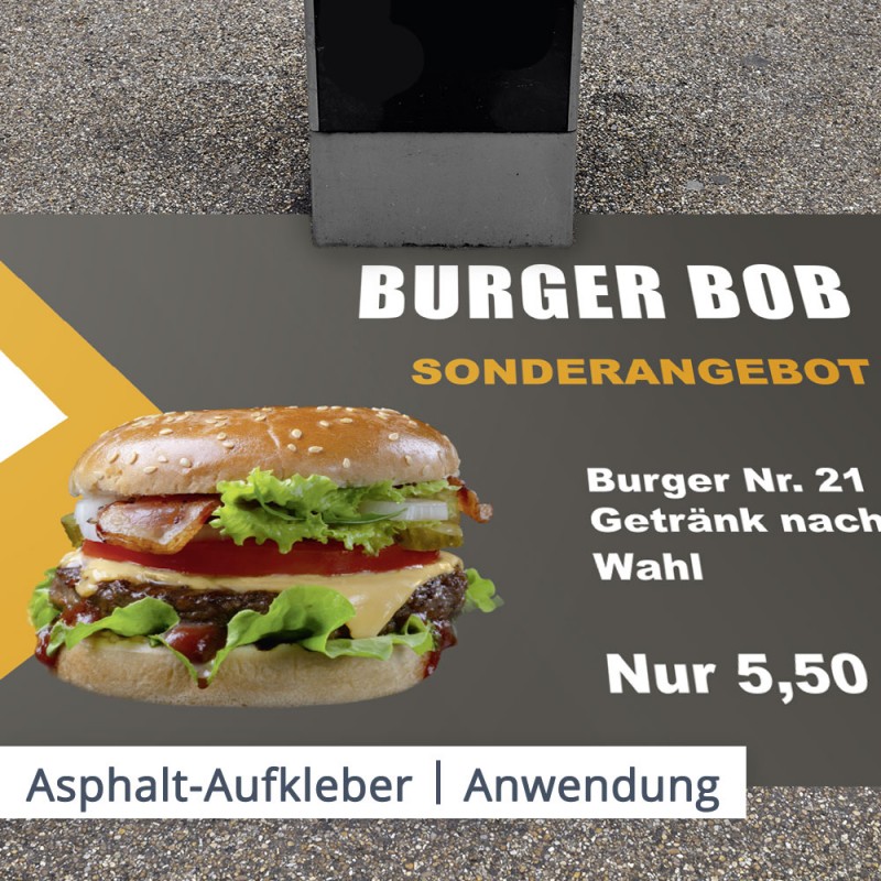 Ein Asphaltaufkleber, der mit dem besten Angebot des Burgerladens bedruckt ist, macht Passanten neugierig und lockt Kunden in den Imbiss.