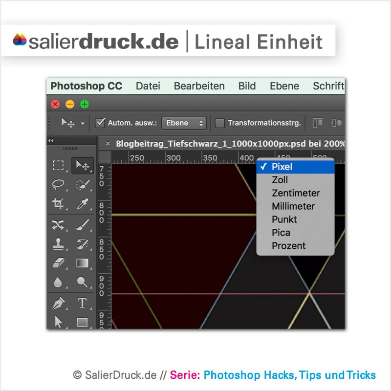 Maßeinheit des Lineals anpassen in Adobe Photoshop.