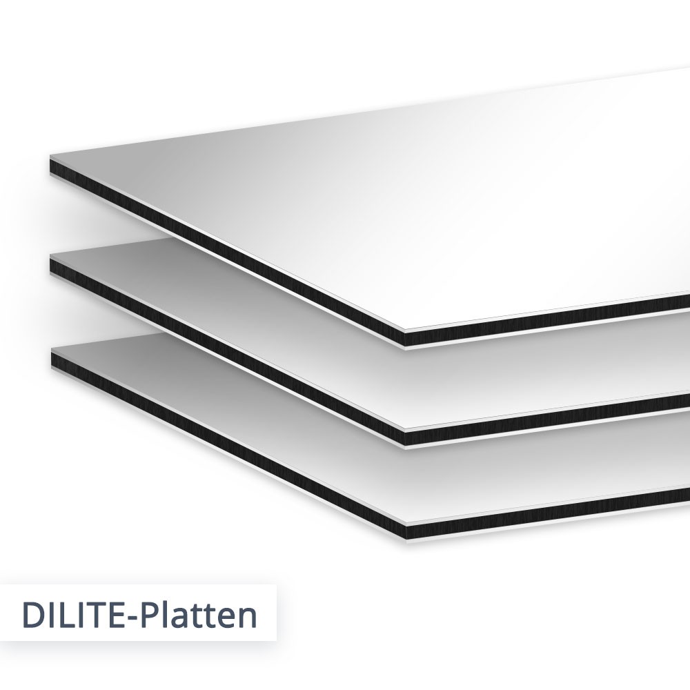 Die ultra leichte DILITE Aluminium Verbundplatte ist das günstigere Pendant zur bekannten DIBOND Platte. Der Unterschied ist minimal.