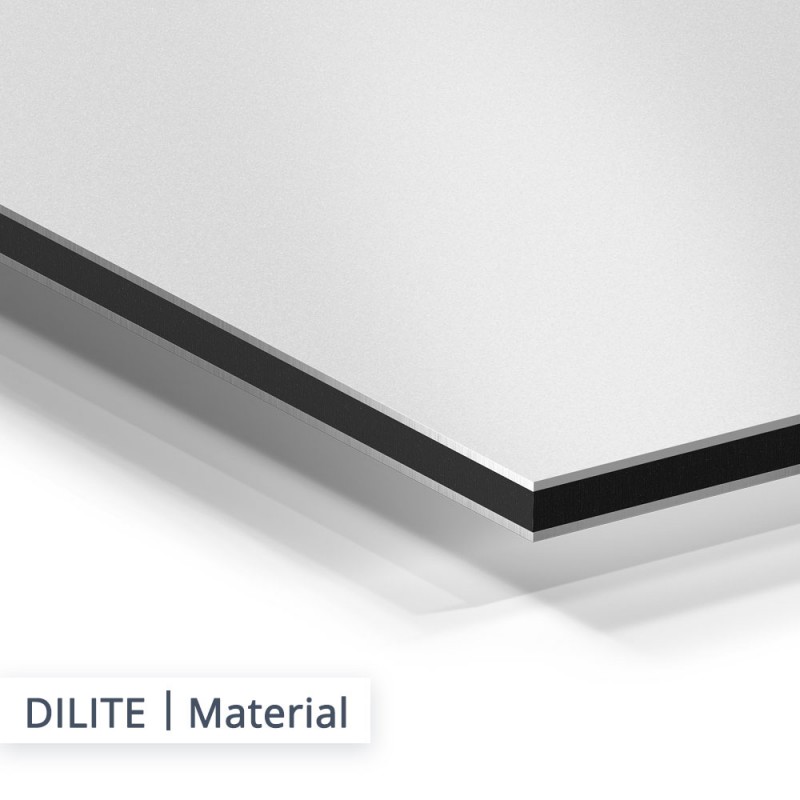 Für DILITE Platten wird weniger Rohstoff Aluminium als DIBOND verwendet und 0,2 mm Aluminium Deckschichten flankieren den Kunststoffkern. 