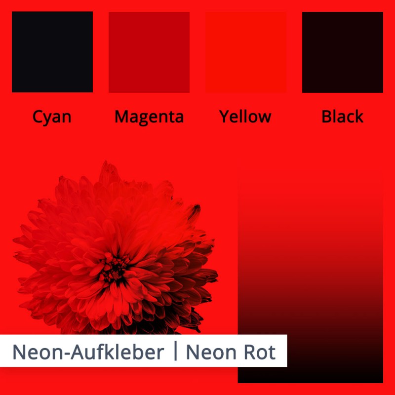 Das kräftige, tagesleuchtende neon Rot gibt die lasierenden Farben auch in geringerer Intensität wieder. Schwarz ist hierbei die Beste wahl.